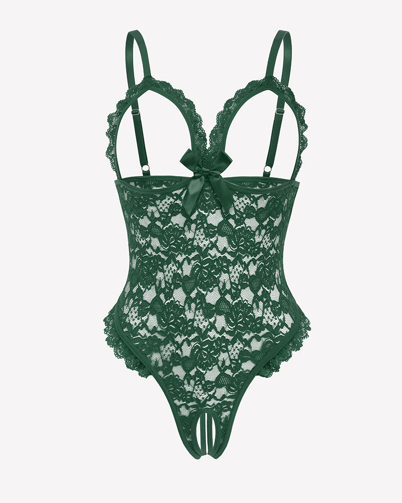 Green lace teddy bodysuit with V-neck, scalloped edges, and bow at bust.