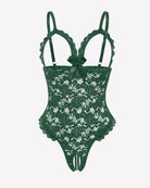 Green lace teddy bodysuit with V-neck, scalloped edges, and bow at bust.