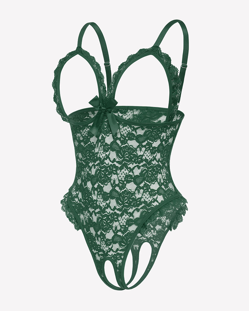 Green lace V-neck teddy bodysuit with ruffled bottom and bow centerpiece.