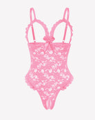 Pink lace V-neck bodysuit with scalloped lace trim and bow at bust.