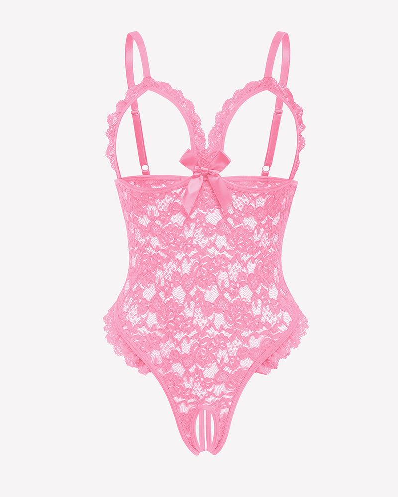 Pink lace V-neck bodysuit with scalloped lace trim and bow at bust.