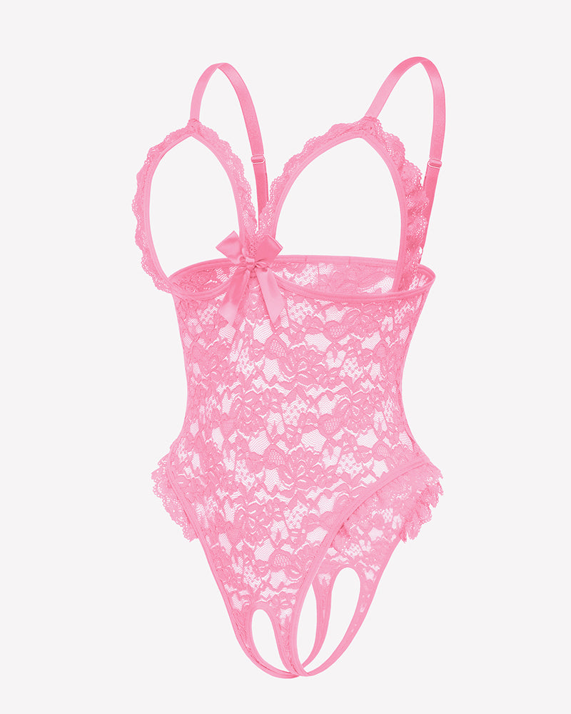 Pink lace teddy bodysuit with V-neck, ruffled hem, and bow centerpiece.