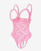 Pink lace teddy bodysuit with V-neck, ruffled hem, and bow centerpiece.