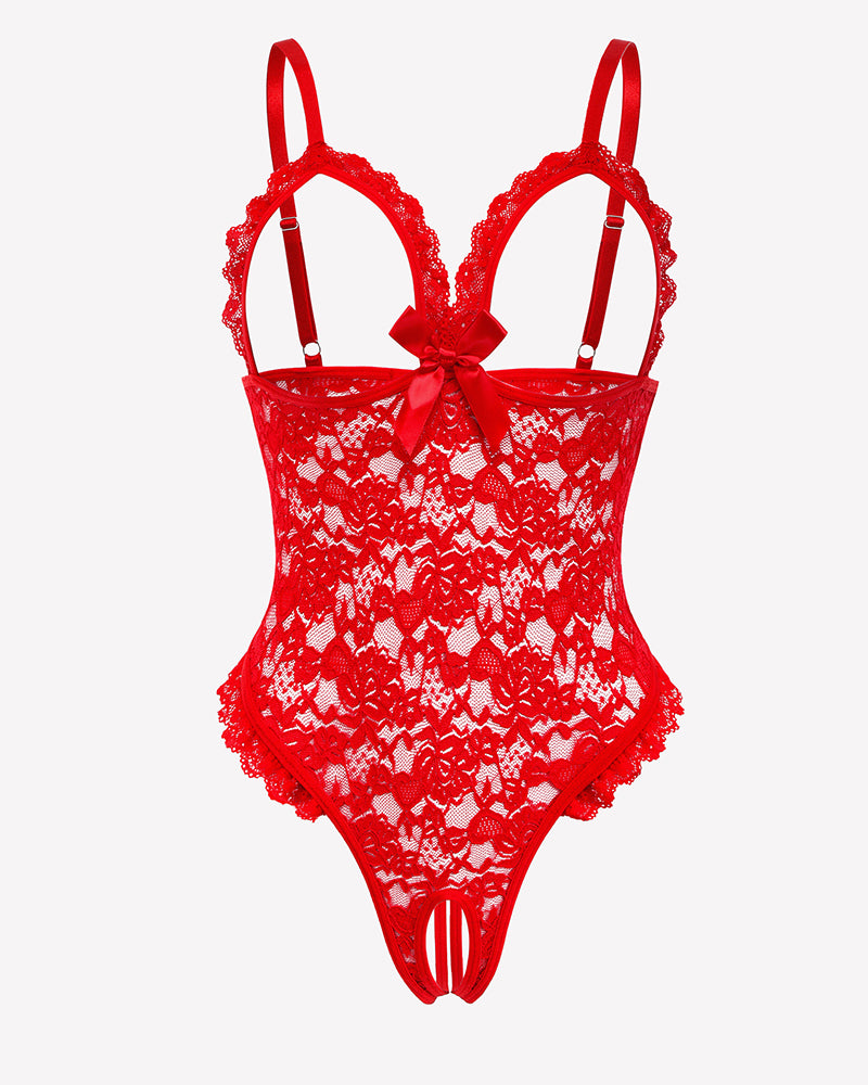 Red lace teddy bodysuit with ruffled V-neck and high-cut thong back
