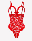 Red lace teddy bodysuit with ruffled V-neck and high-cut thong back