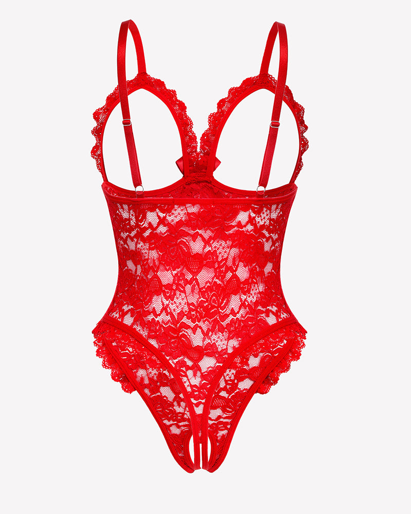 Red lace bodysuit with V-neck, scalloped edges, and strappy bra cups