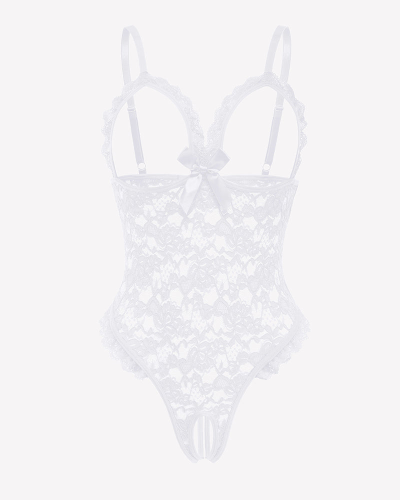 White lace teddy bodysuit with V-neck, bra-style straps, and high-cut bottom