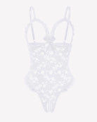 White lace teddy bodysuit with V-neck, bra-style straps, and high-cut bottom