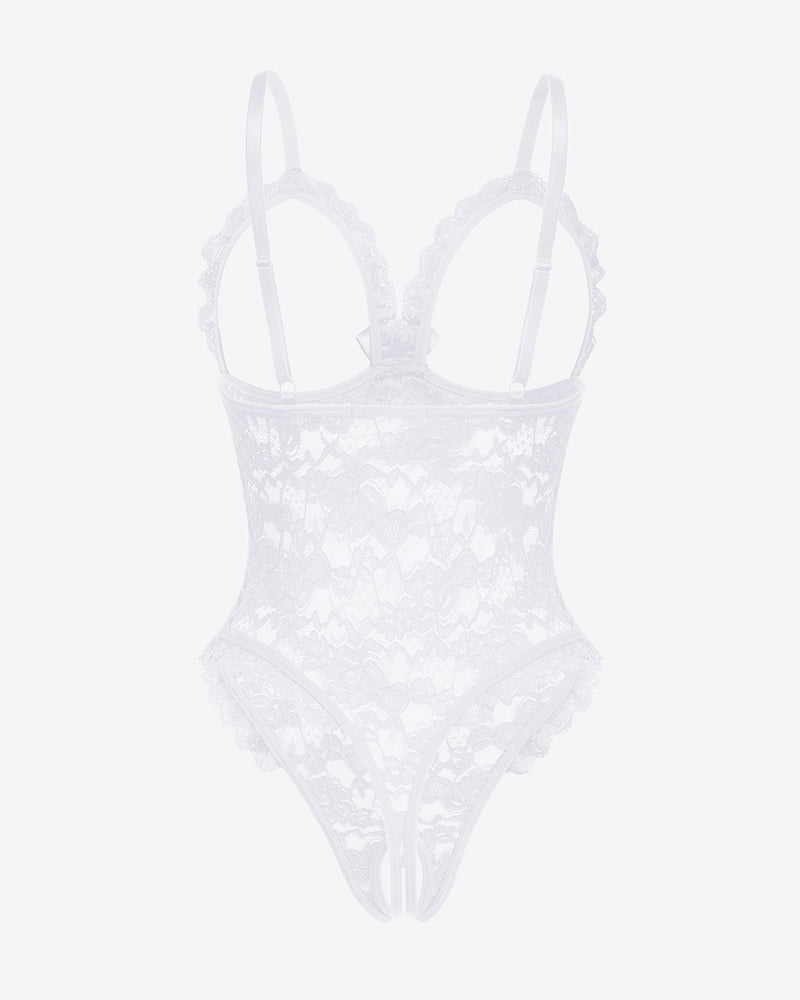 White lace teddy bodysuit with high-cut back and V-neck strap cups
