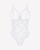White lace teddy bodysuit with high-cut back and V-neck strap cups
