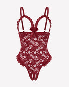 Wine red lace teddy bodysuit with V-neck, underwire cups, and ruffle hem