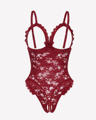 Wine red lace teddy bodysuit with scalloped edges and high-cut leg openings