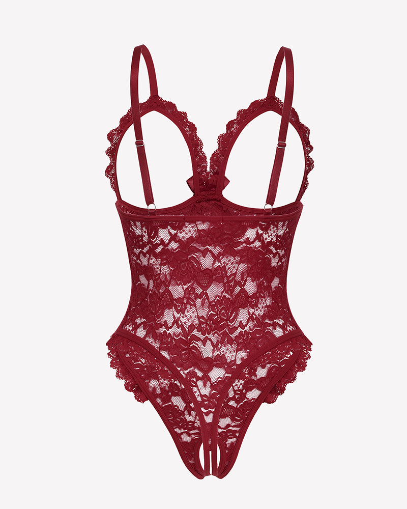Wine red lace teddy bodysuit with scalloped edges and high-cut leg openings