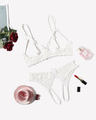 White lace bra and panty set with bow-detail straps