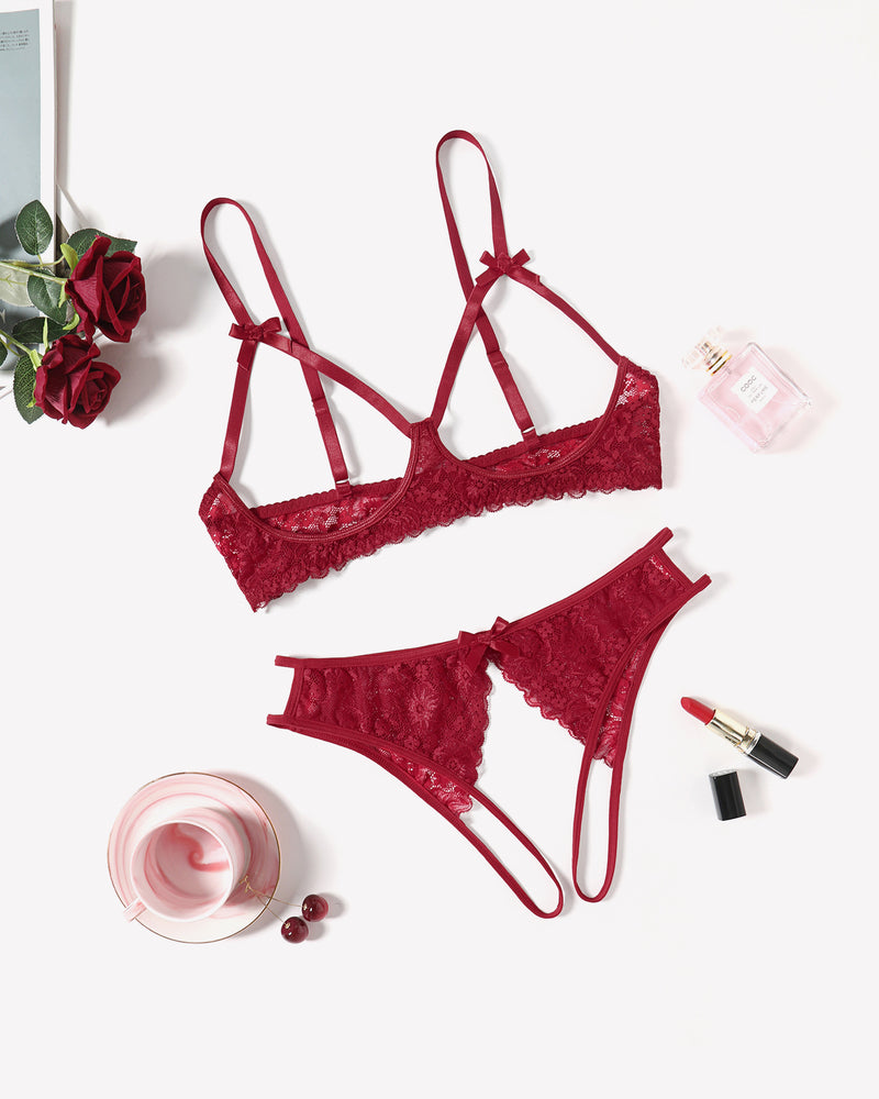 Red lace bra and panty set with bow tie straps and lace-trim edges