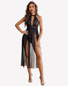 Black mesh nightgown with lace bodice and tall side slit