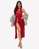 Red mesh nightgown with lace halter and long side slit
