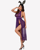 Purple lace mesh nightgown with front side slit and halter neckline