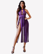 Purple mesh nightgown with lace top, tassel detail, and side slit