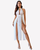 White mesh nightgown with lace halter bodice and side slit skirt