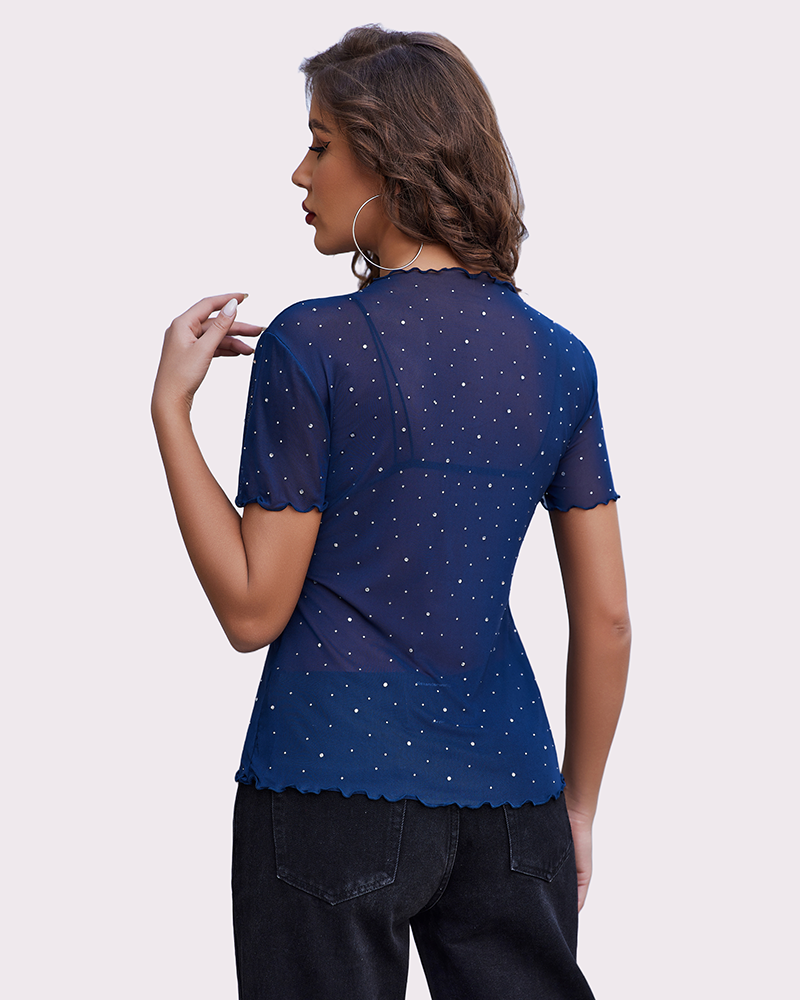 Navy mesh rhinestone short-sleeve top, back view with sheer fabric and sparkle stones.