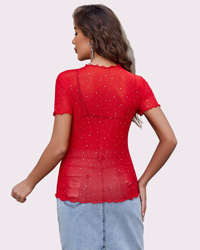 Red mesh rhinestone short-sleeve top with V neckline, scalloped hem