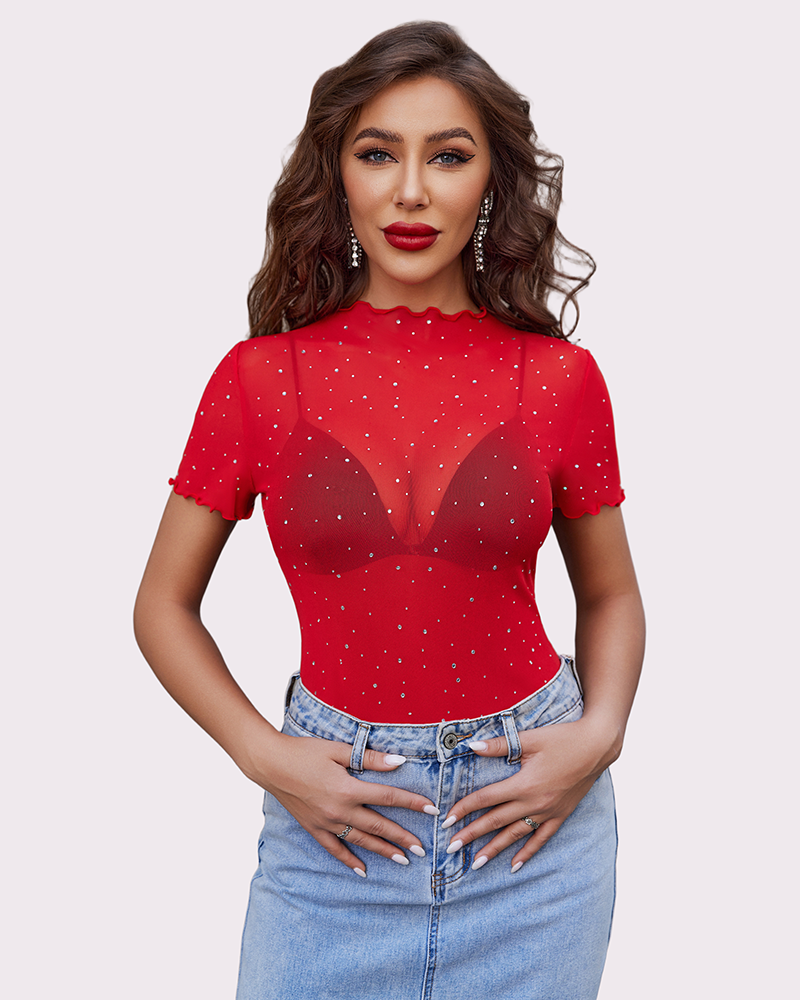 Red mesh rhinestone short-sleeve top with V neckline and studded sparkle