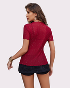 Wine red mesh rhinestone short-sleeve top with studded back, scalloped hem