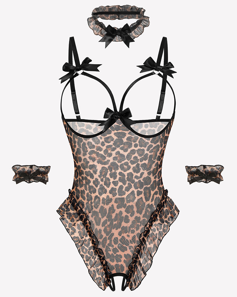 Leopard-print sheer mesh teddy bodysuit set with bow straps and ruffle trim