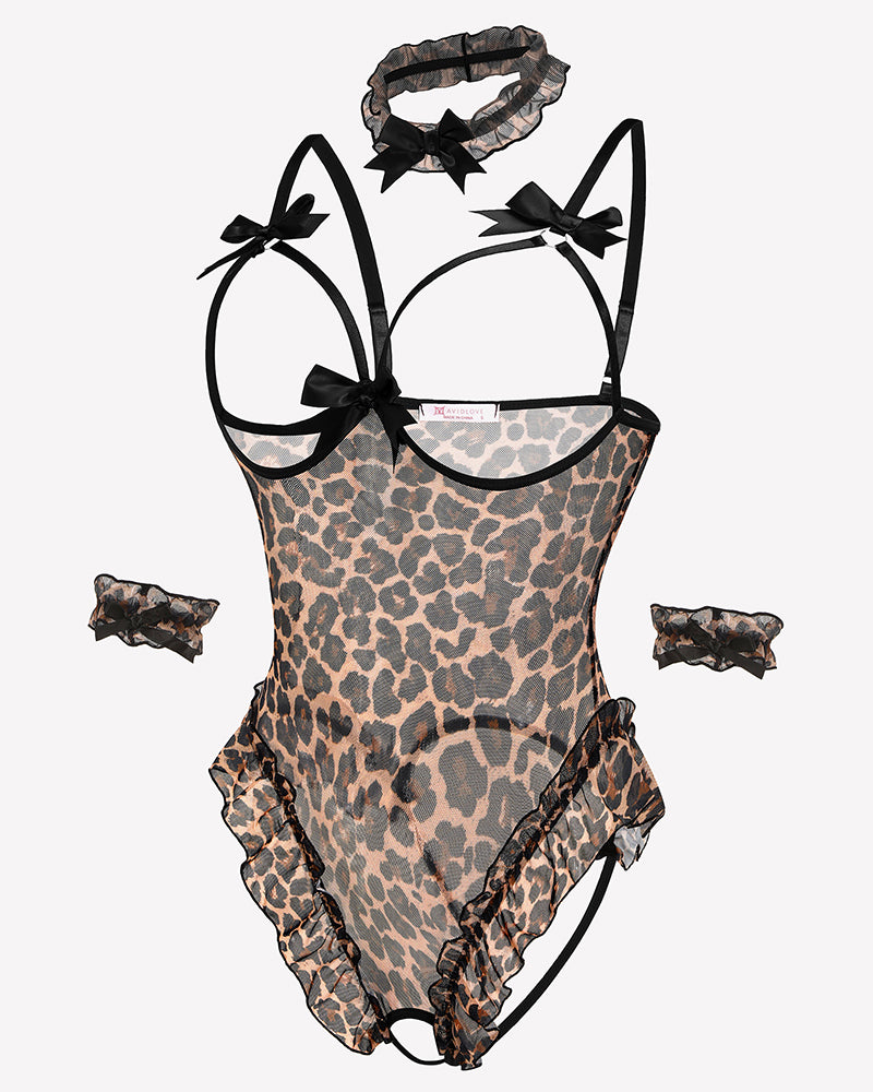 Leopard-print sheer mesh teddy bodysuit set with bow straps and ruffle cuffs