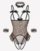Leopard-print sheer mesh teddy bodysuit set with bow straps and ruffled leg trim