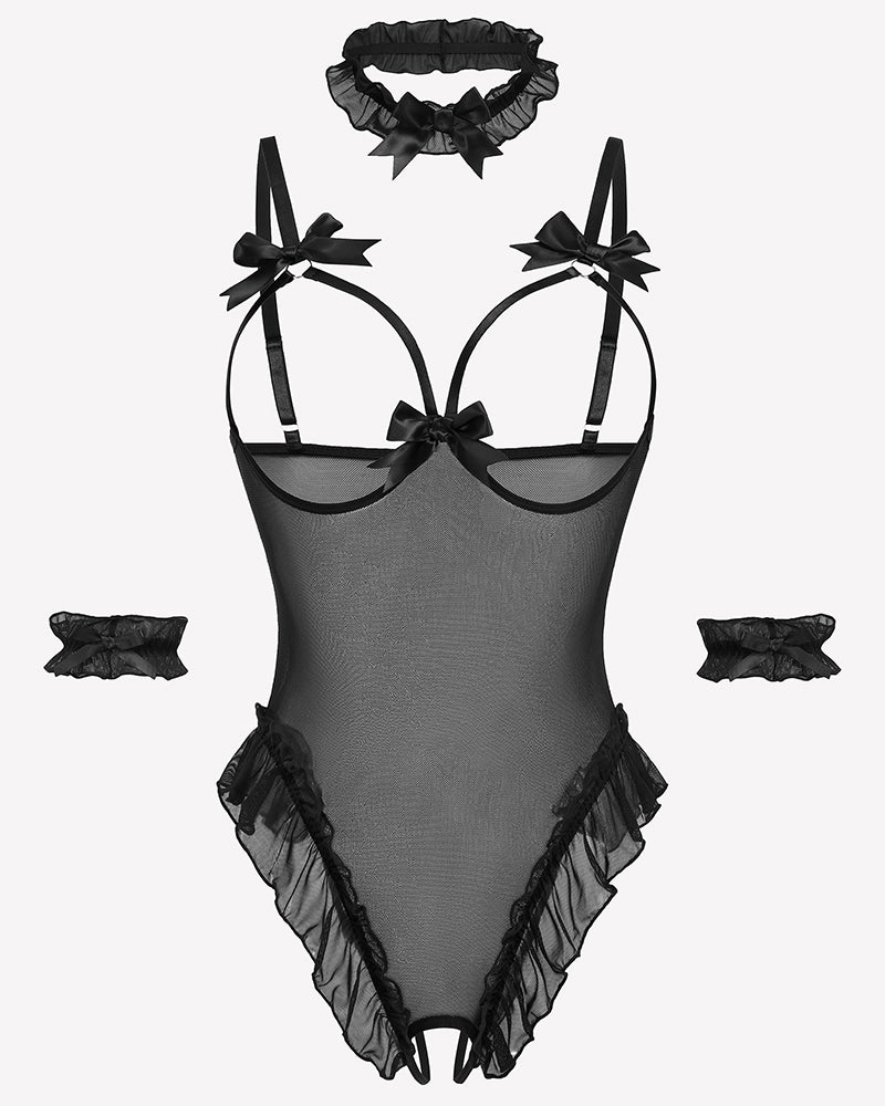 Black sheer mesh teddy bodysuit set with bow straps and lace ruffle trim