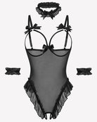 Black sheer mesh teddy bodysuit set with bow straps and lace ruffle trim