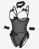 Black sheer mesh teddy bodysuit set with bow straps and lace ruffle trim