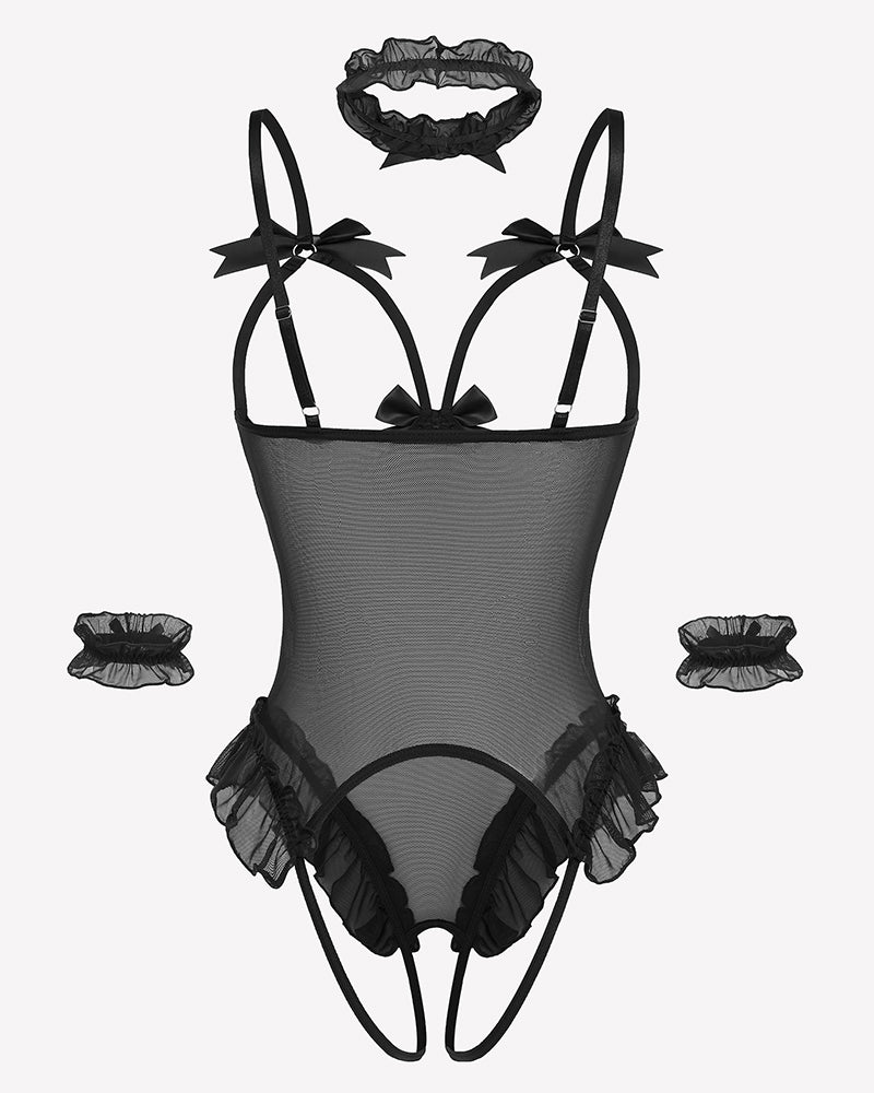 Black sheer mesh teddy bodysuit set with bow straps and lace ruffle sides