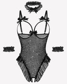 Black star-sparkle sheer mesh teddy bodysuit set with bow straps and ruffle trim