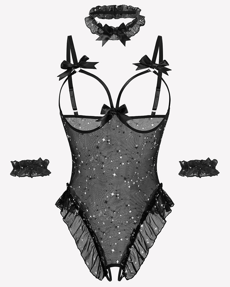 Black star-sparkle sheer mesh teddy bodysuit set with bow straps and ruffle trim