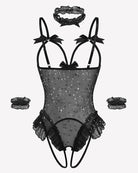 Black star-sparkle sheer mesh teddy bodysuit set with bow straps and lace ruffles