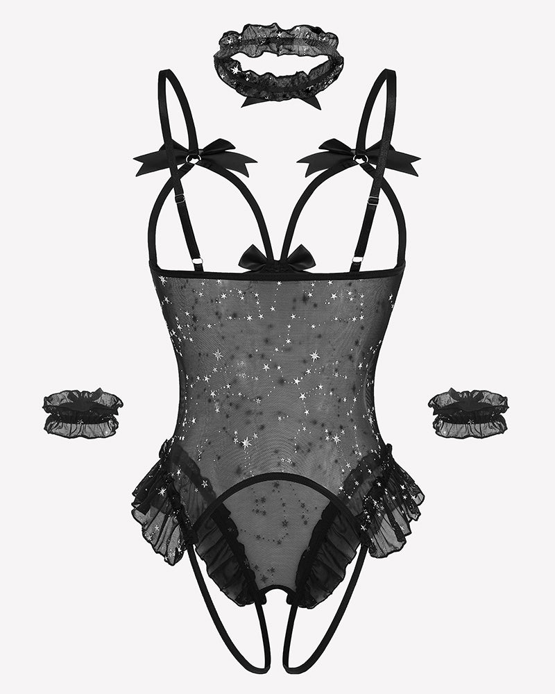 Black star-sparkle sheer mesh teddy bodysuit set with bow straps and lace ruffles