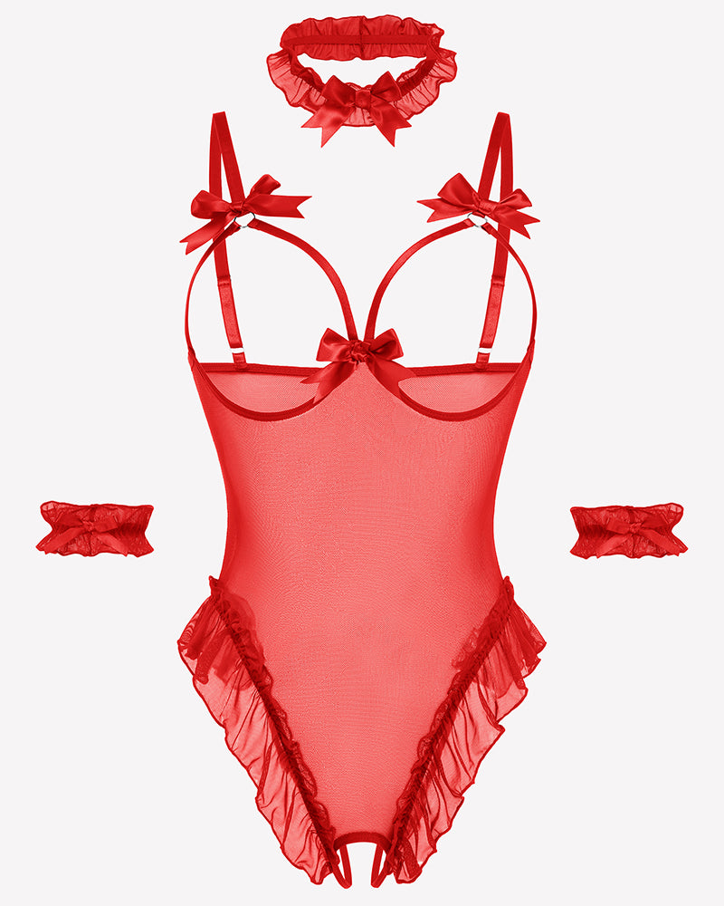Red sheer mesh teddy bodysuit set with bow straps and lace ruffle trim