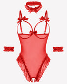Red sheer mesh teddy bodysuit set with bow straps and lace ruffle trim