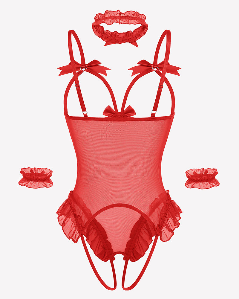 Red sheer mesh teddy bodysuit set with bow straps and lace ruffle trim