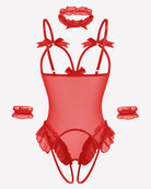 Red sheer mesh teddy bodysuit set with bow straps and lace ruffle trim