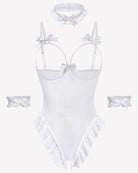 Sheer mesh teddy bodysuit with bow-trim straps and ruffled high-cut legs