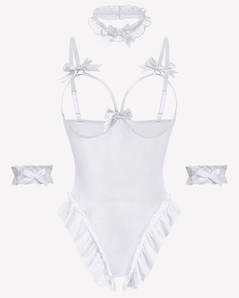 Sheer mesh teddy bodysuit with bow-trim straps and ruffled high-cut legs