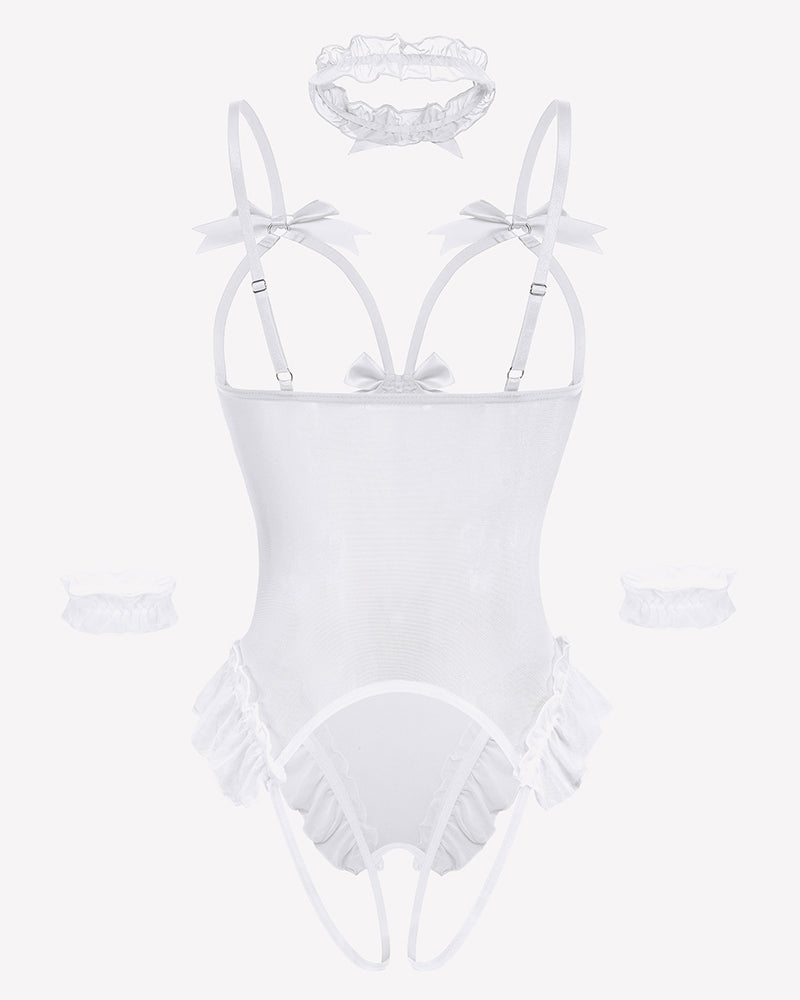 Sheer mesh teddy bodysuit with garter straps and ruffled high-cut back