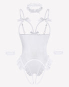 Sheer mesh teddy bodysuit with garter straps and ruffled high-cut back