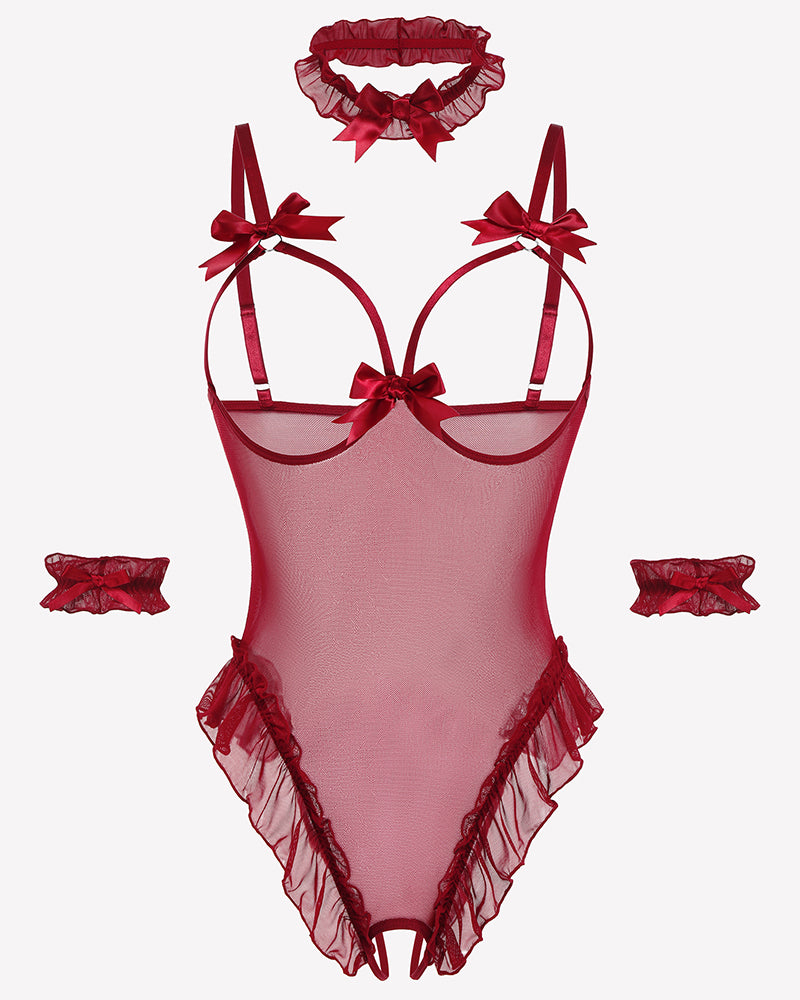 Red sheer mesh teddy bodysuit with bow garter straps and ruffled trim