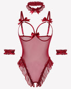 Red sheer mesh teddy bodysuit with bow garter straps and ruffled trim