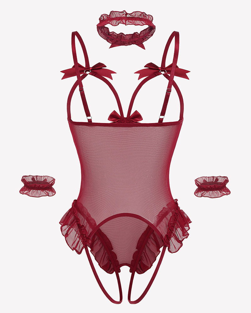 Red sheer mesh teddy bodysuit with bow shoulder straps and ruffled leg openings